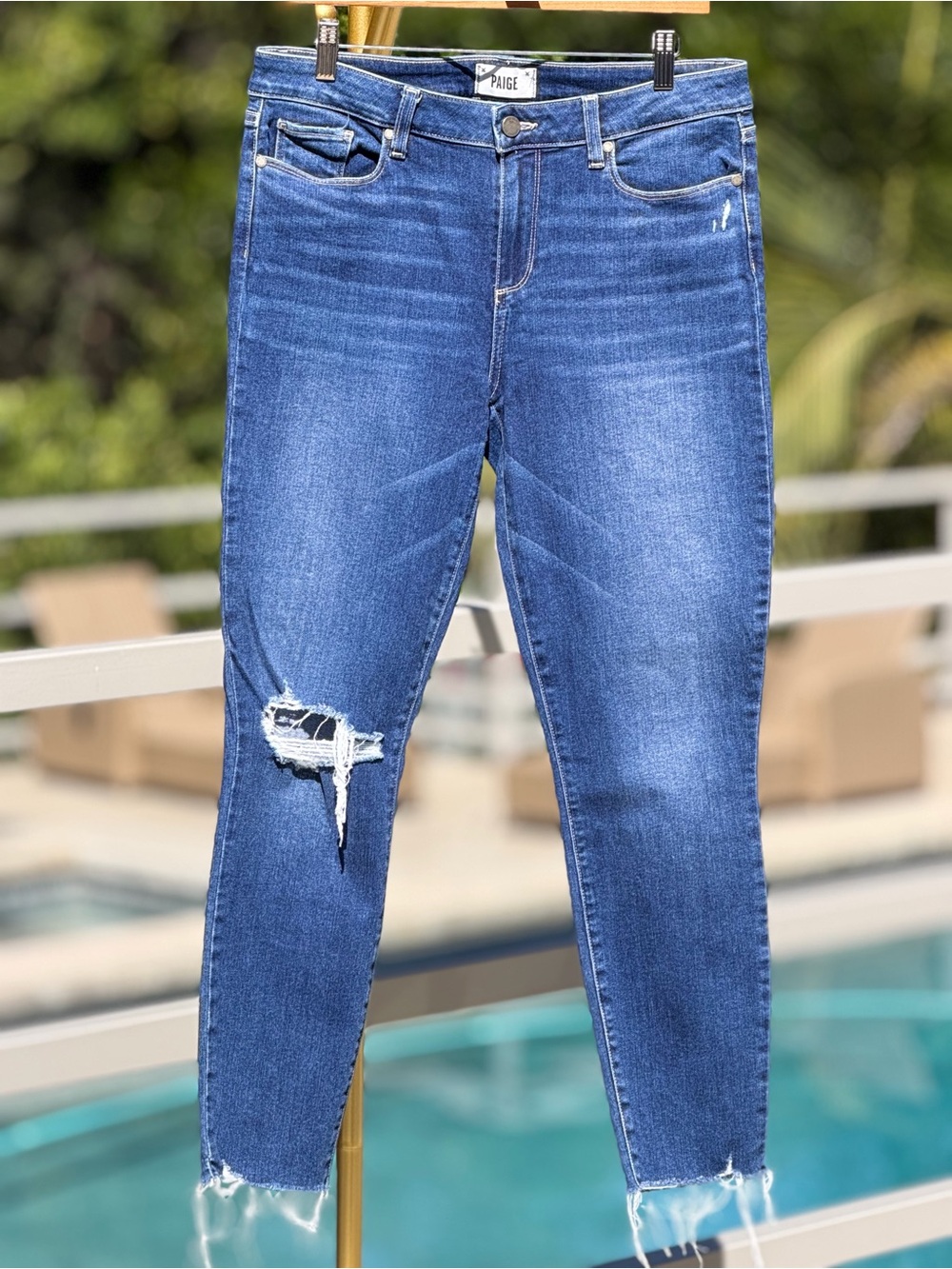 PAIGE Medium Blue Distressed High-Rise Skinny Jeans